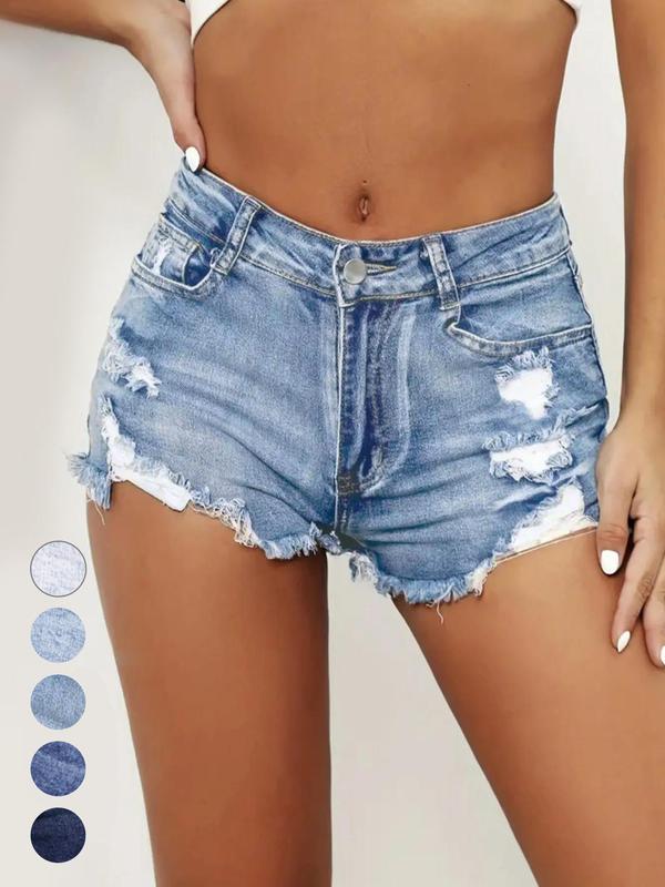 Women's Ripped Slash Pockets Jean Shorts, Womens Summer High Waisted Denim Stretchy Ripped,Casual Trendy Raw Hem Denim Shorts for Daily Wear, Ladies Summer Hot Shorts