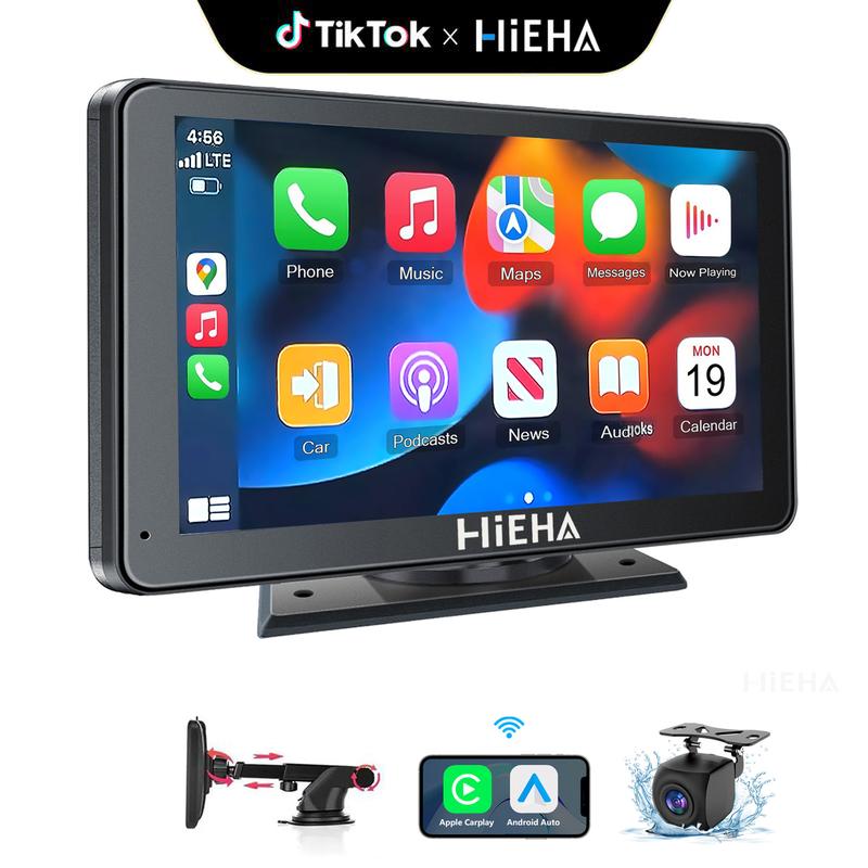 【HiEHA】2026 Newest Portable Carplay Screen for Car, 7 Inch IPS Touchscreen Car Stereo Support Wireless Carplay & Android Auto, Mirror Link, GPS Navigation, Bluetooth 5.2, Backup Camera, AUX,FM Transmitter