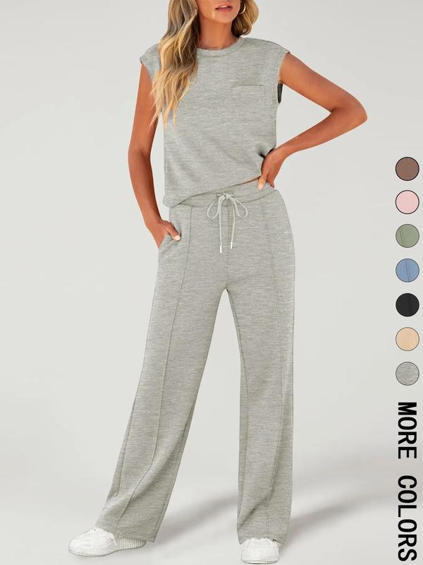 Women's Solid Fitted Tank Top with Pockets & Drawstring Waist Wide Leg Pants Two-piece Set, Basic Casual Sleeveless Round Neck Top & Trousers for Daily Wear, Ladies Two-piece Outfits for All Seasons, Comfy Lounge Set, Clothes, Womenswear