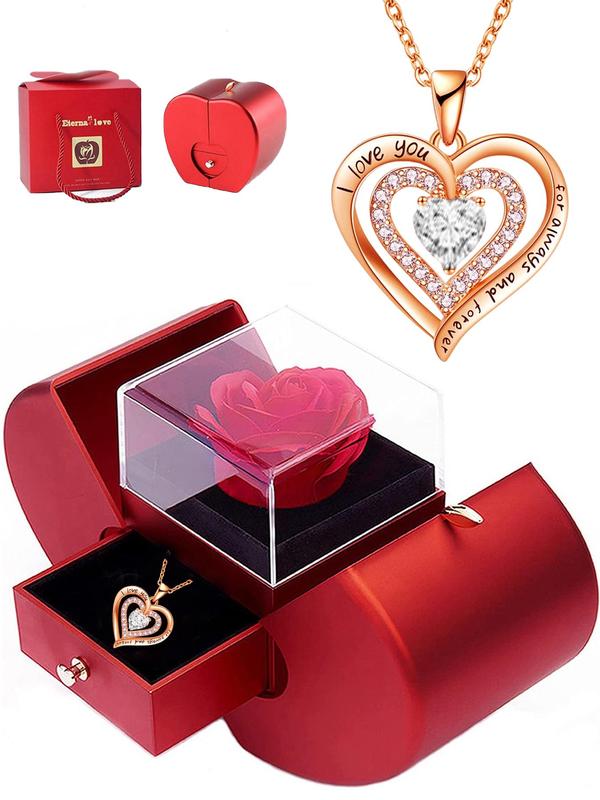 Mother's Day Gift Rhinestone Heart Pendant Necklaces for Women for Gift, Summer Dainty Fashion Wearable Jewelry for Women, I Love U Engraved Necklace, with Flower & Gift Box, Charms Gifts for