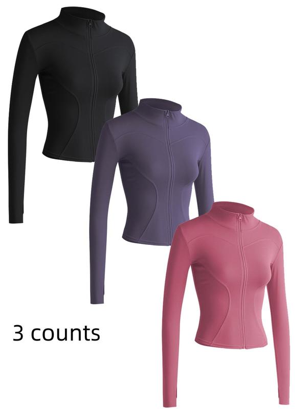 Women's Solid Zip Up Mock Neck Sports Outerwear, Athletic Long Sleeve Sports Top, Gym Clothes, Comfortable Ladies Jacket for Indoor Outdoor Wear, Gym Clothing, Valentine's Day Gift for Girl, Fall Gift