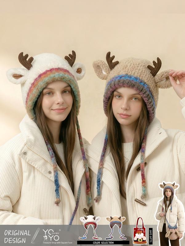 Original design Festive Christmas Antler Hat (It can be used，A hat has multiple uses.)Knitted Ear Protection Windproof Warm Hat Suitable for the family It can be worn by adults , without limiting the circumference of the head，for Thanksgiving & Christmas。