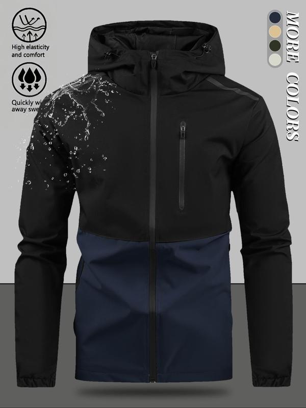 Men's Colorblock Zip Up Drawstring Hooded Long Sleeve Jacket, Casual Regular Fit Drop Shoulder Jacket for Outdoor Daily Wear, Men's Outerwear for Spring & Fall