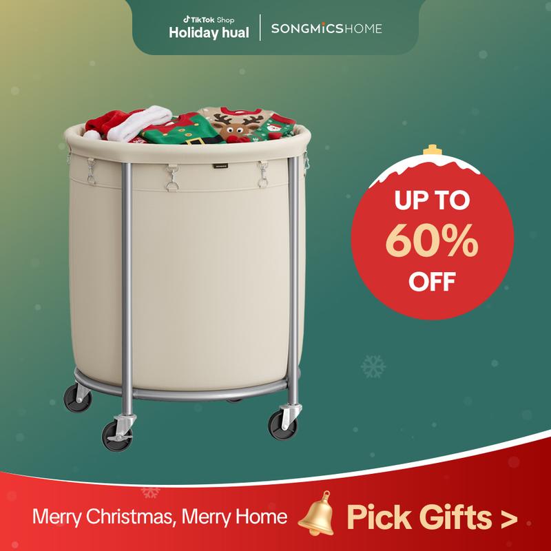 SONGMICS Laundry Basket with Wheels, Rolling Laundry Hamper, Round Laundry Cart with Steel Frame and Removable Bag ,Organiser