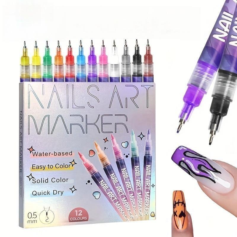 12-Color Nail Art Doodle Pen - Smooth, Quick-Drying Acrylic Cosmetic Tool, 12 Colors Suit for Mom, Ideal for 3D Dot Embroidery, MMA Acrylic Stitching, Home Manicure, Nails Supplies, Cuticle Care