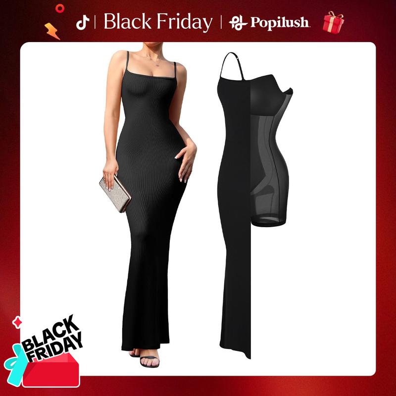 Popilush  Modal Built-in Shapewear Maxi Dress for Women - Sleeveless Spaghetti Strap Backless Slimming Dress for Cocktail Party Basic Minimalist Elegant Outfits #Summervibe