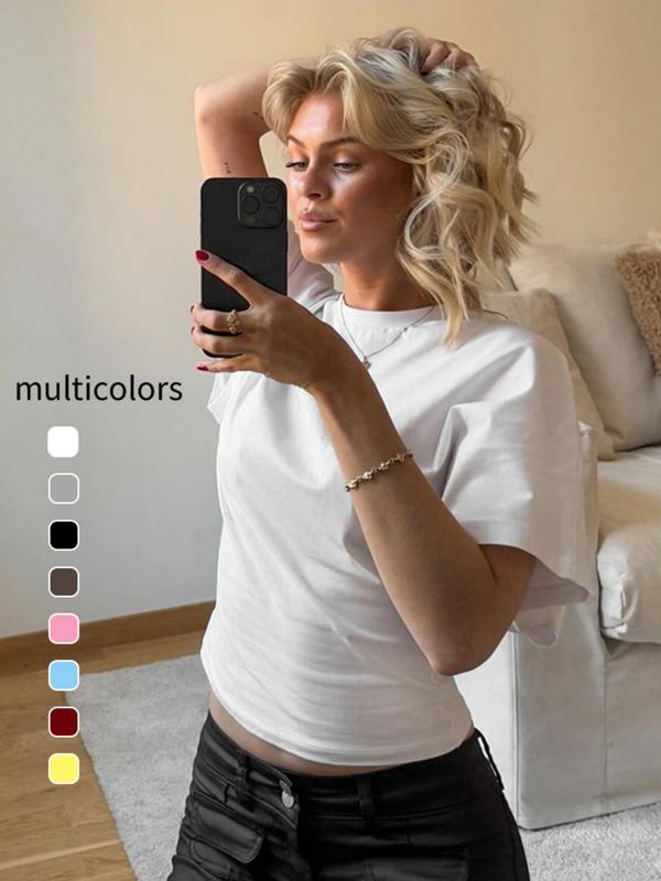Women's Basic Solid-Color Round Neck Tee, Casual Loose Fit Half-Sleeve Womenswear, T-shirt for Summer, Women's Top for Daily Wear, Breathable