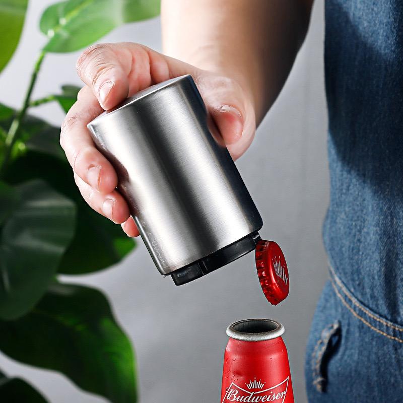 Premium Beer Opener (Silver)   Free soccer-themed stickers，  Magnetic Automatic Stainless Steel Push-Down Opener Removable Bottle Cap Quick Opening Suitable for Kitchens, Homes, Bars, Restaurants, Picnics, Camping and Hiking Birthday Plastic