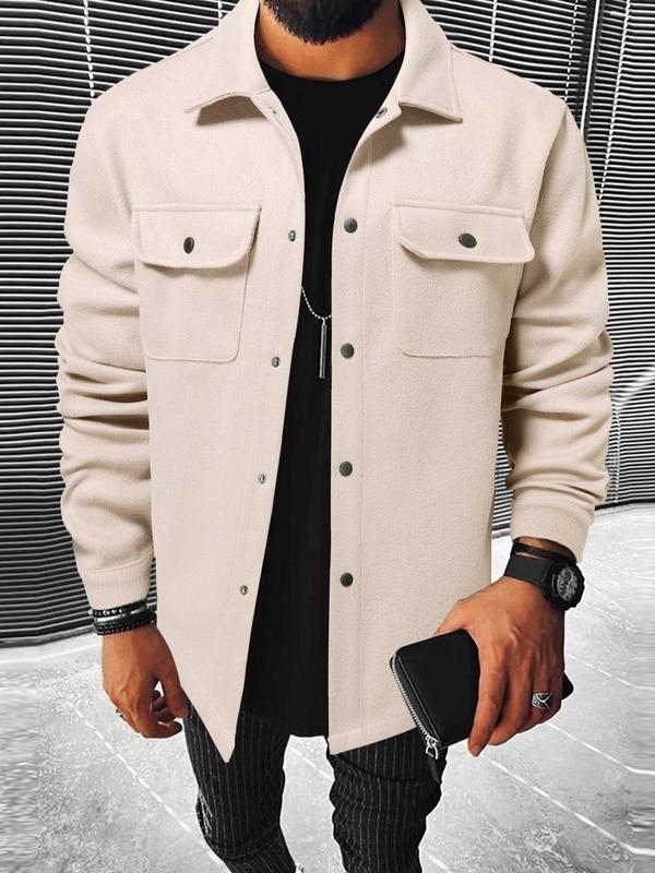Men's Plain Long Sleeve Jacket Coats, Casual Fitted Jackets, Regular Fit Casual Classic Button Front Flap Pocket Collared Outerwear for Fall & Winter, Going Out Outfit, Casual Fashionable Jacket
