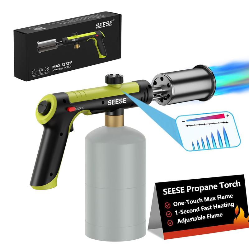 【SummerVibes】SEESE Powerful Propane Torch(Propane Tank Not Included),With One-Touch Max Fire Button and Safety Lock, Adjustable Blow Torch for Sous Vide Searing Steak, BBQ,Fireplace,Charcoal Wood