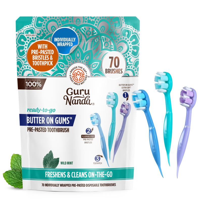 GuruNanda Ready-to-Go Pre-Pasted Butter on Gums Mini Travel Toothbrush with Toothpick, Fluoride-Free, No Rinsing Needed, Individually Wrapped & TSA Friendly, 70 Ct