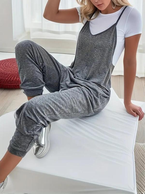 Women's Plain Pocket V Neck Overalls Jumpsuit without Tee, Casual Sleeveless Spaghetti Strap Cami Overalls Jumpsuit for Daily Wear, Everyday, Ladies Clothes for All Seasons, Summer, Fit, Womenswear