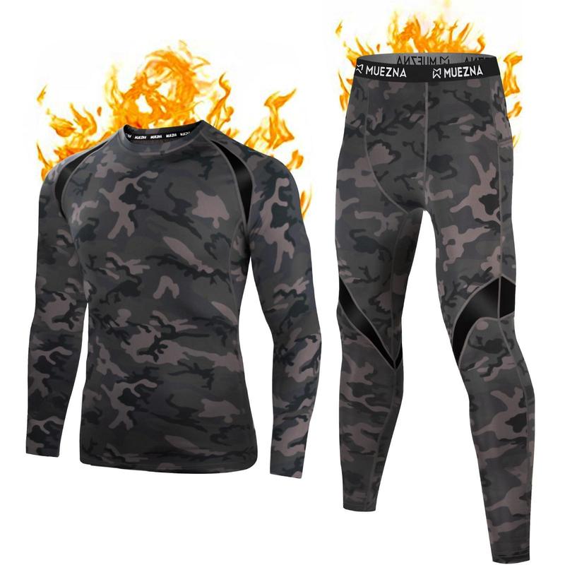 Muezna Men's Warmth-Preserving Jacket and Underwear Set - Underpants, Overalls, Long Pants - Base Layer Warmth-Resistant Fur Liner - Suitable for Cold Winter Sports and Casual Wearing  FallFreshness