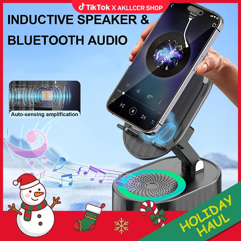 AKLLCCR Wireless Induction Audio Bluetooth Speaker 5in1 Cellphone Holder USB Emergency Rechargeable (5000mAh) Portable Power Mobile Tablet Stand with Colorful Ambient Light Gifts for Friend, Family