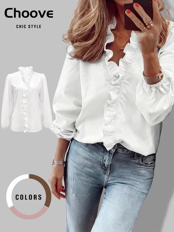 Women's Elegant Chic V Neck Blouse with Ruffles, Loose-Fit Long Sleeve Woven Shirt for All Seasons, Plain Pattern Casual Top for Office Wear