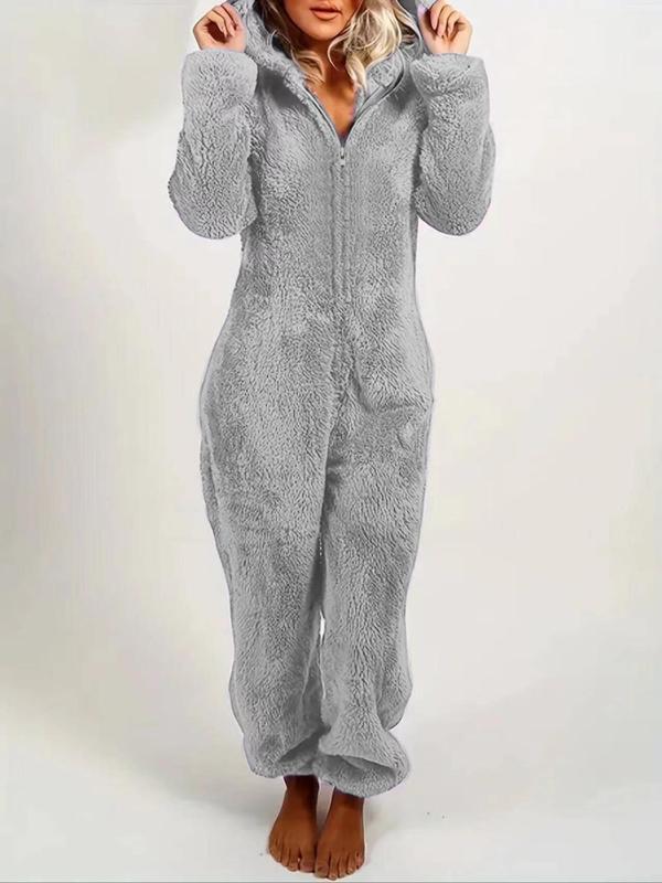 Women's Solid Zipper Hooded Plush Pajama Jumpsuit, Casual Long Sleeve Teddy Bear Ear Design Jumpsuit for Fall & Winter, Women's Sleepwear for Indoor Wear, Fluffy Lady Pajamas, Loungewear, Homewear, Pjs, Pajama Onesies