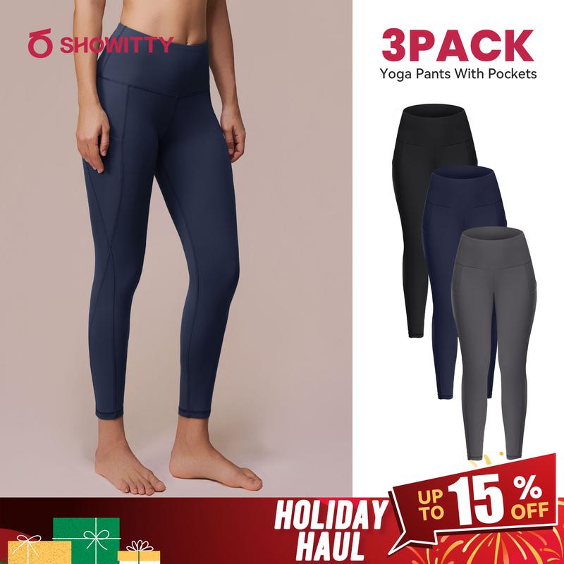 SHOWITTY Women's High Waisted Tummy Control 1/3 Pack Leggings with Pockets – Non See-through Stretchy Yoga Pants for Workout #Summervibes