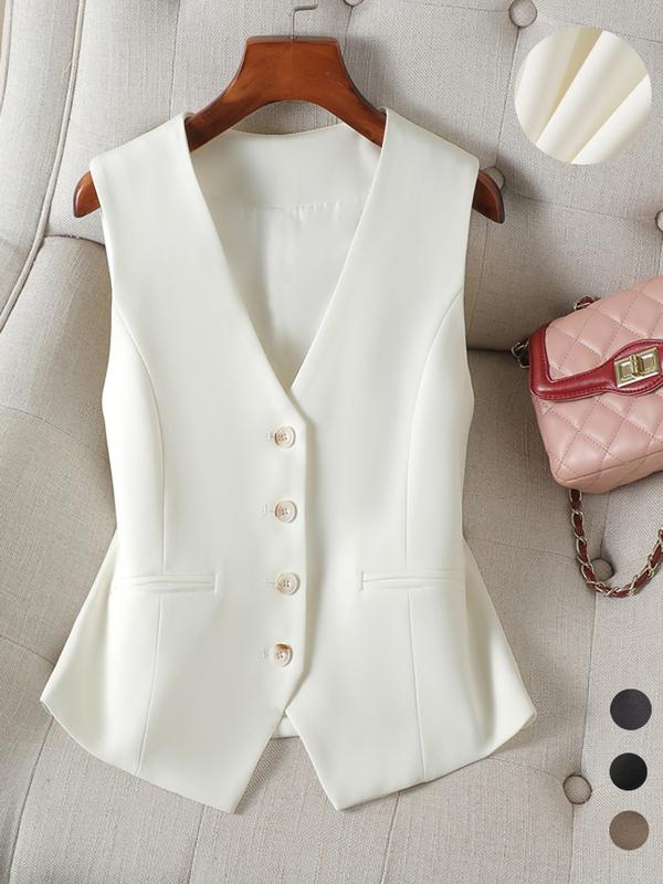 Women's Solid Basic Button Front Mock Pocket V Neck Fitted Suit Vest, Elegant Sleeveless Suit Vest for Office, Ladies Spring & Fall Clothes, Business Attire