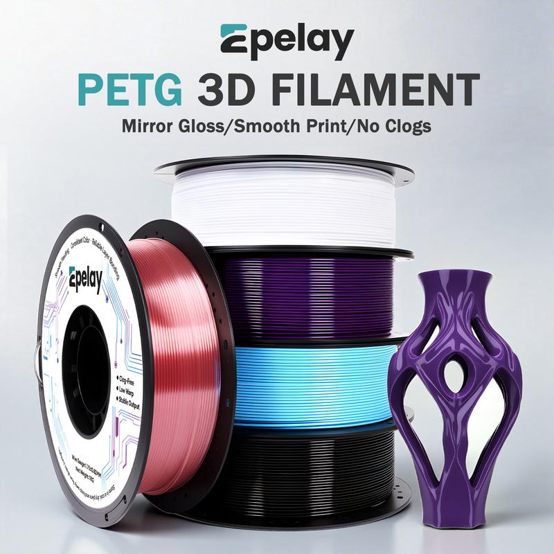 Epelay PETG 3D Printer Filament, 1.75mm 1kg, Tough Heat-Resistant Heatproof, Low Stringing, Mirror Gloss Smooth Prints, No Clogs Compatible with FDM 3D Printers