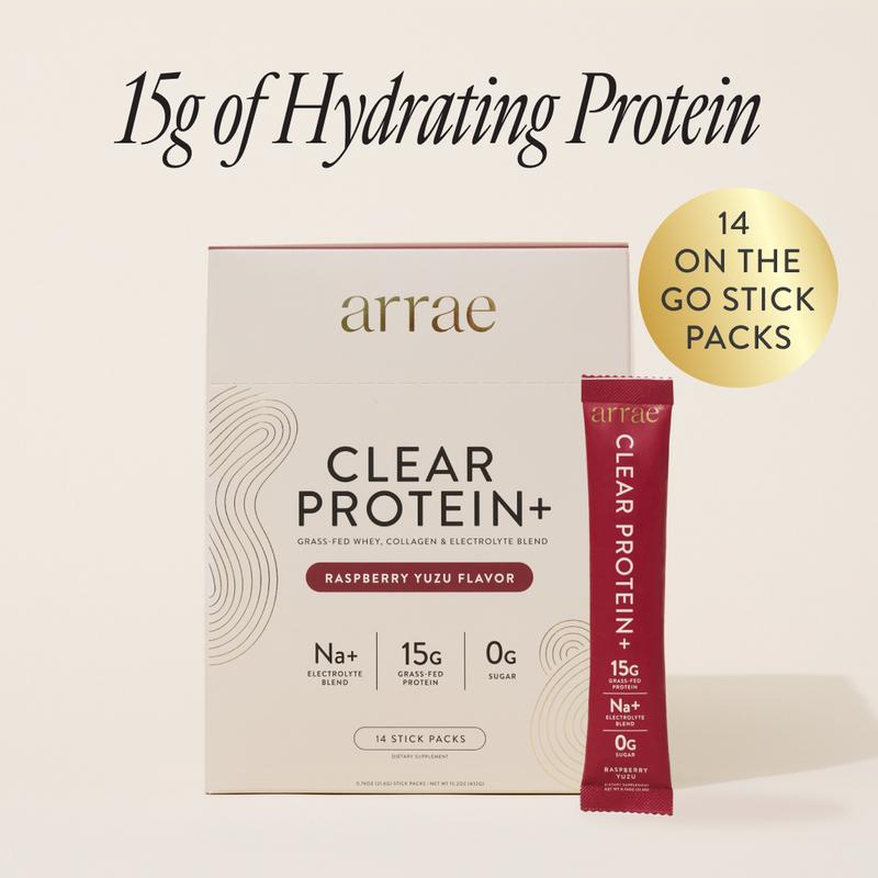 Arrae Clear Protein+ |  15g Grass Fed Whey, Collagen, & Electrolytes Protein | Rasberry Yuzu Flavor| 20 Stick Packs Edible Dietary Supplement Healthcare Fitness Muscle Optimum Fiber