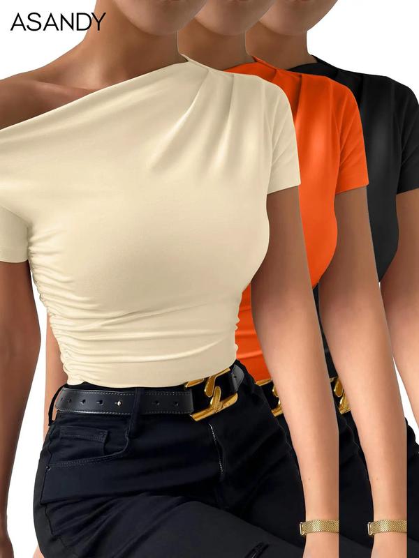 Women's Plain Ruched Asymmetrical Neck Tee, Casual Short Sleeve T-shirt for Summer, Ladies Clothes for Daily Wear