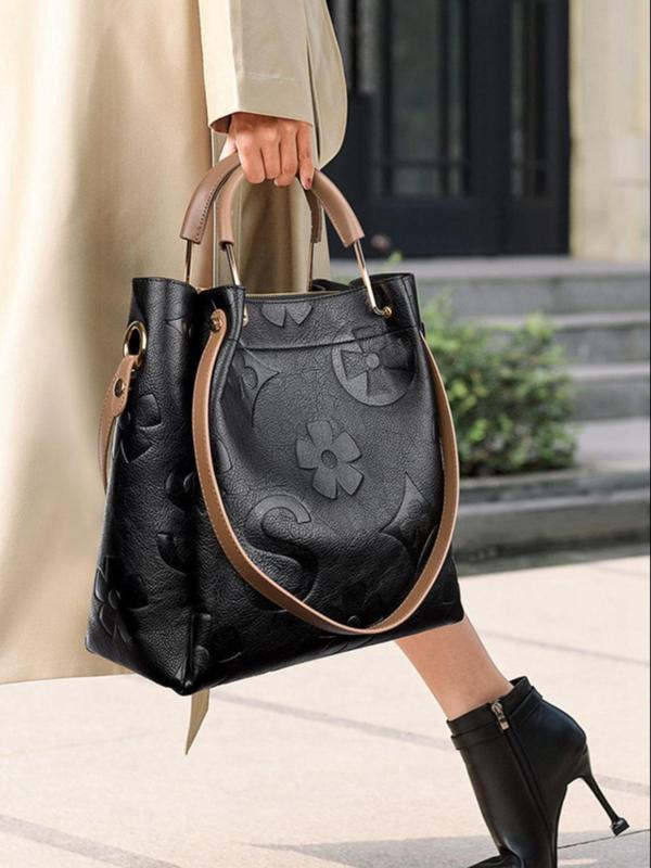 Women's Fashionable Vintage Floral Embossed Leather Handbag Set, Including Large Capacity Handbag & Crossbody Bag, Trendy Versatile Daily Commuting Bag Set