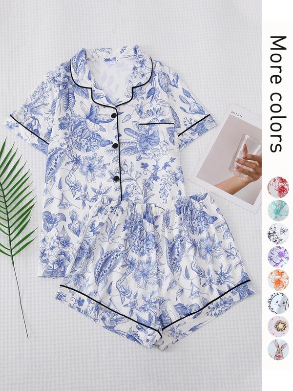 2 Counts Women's All Over Print Contrast Binding Knitting Lapel Shirt & Shorts Pyjama Set, Back To School Button Front Short Sleeve Top & Elastic Waist Shorts Pj Lounge Set For Fall, Casual Two-piece Sleepwear Loungewear Co-ord Set for Women Pajama Set