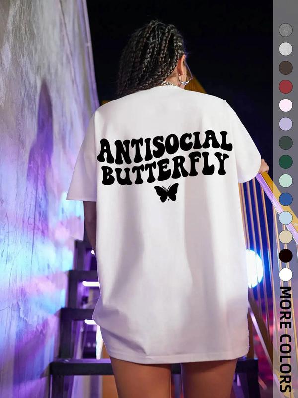 Women's Butterfly & Letter Print Round Neck Tee, Casual Short Sleeve T-shirt, Summer Clothes, Womenswear, Clothes for Lady, Summer Outfits 2024, Please Purchase A Size Up