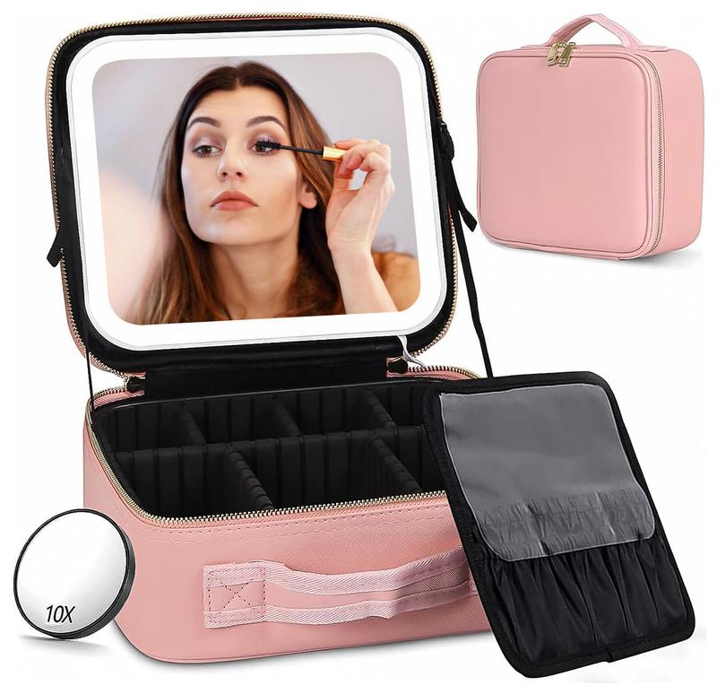 Makeup Bag with Mirror and Light Travel Makeup Train Case Cosmetic Bag Organizer Portable Artist Storage Bag with Adjustable Dividers Makeup Brushes Storage Organizer-Ideal Mother's Day Present for the Stylish Mom