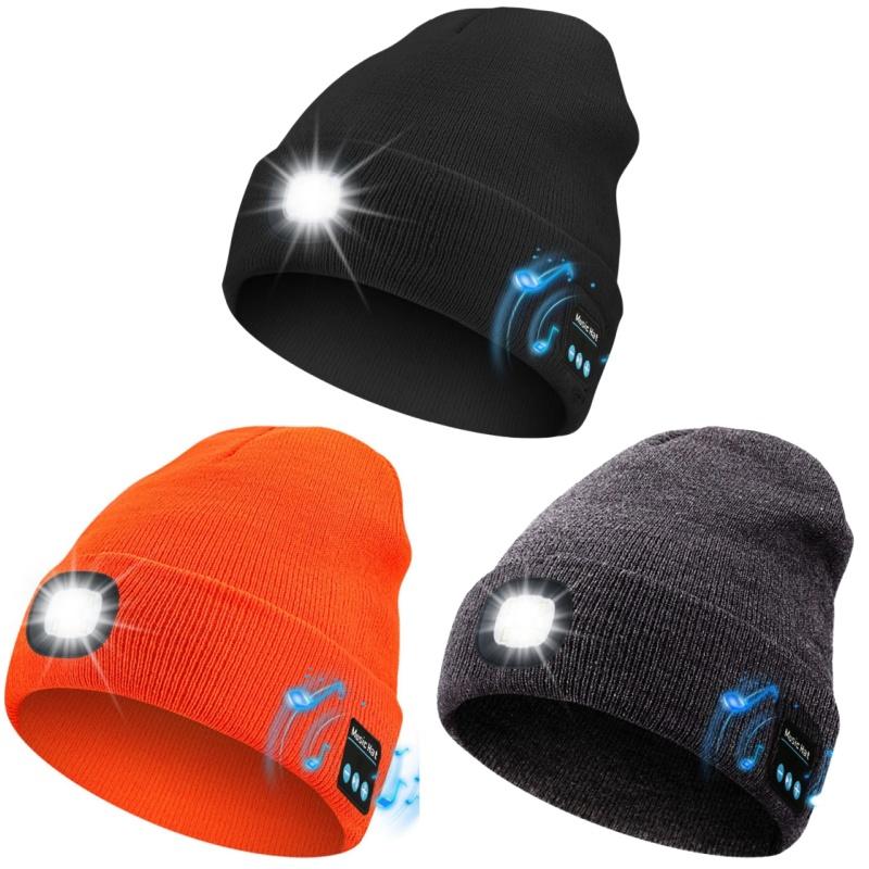 Bluetooth Beanie with Light, Unisex USB Rechargeable 4 LED Fashlight Hat with Cordless Headphones, Unique Christmas Birthday Gifts for Men Husband Teen warm beany Knit Balaclava Outdoor Activities skull cap cycling Spider Web sport lightweight sweat summe