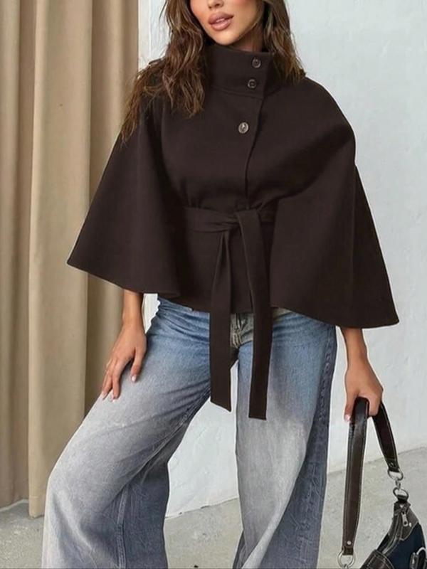 Women's Plain Front Buckle Belted Woolen Cape Coat, Casual Fall & Winter Outerwear, Stylish Daily Wear for Dating, Button
