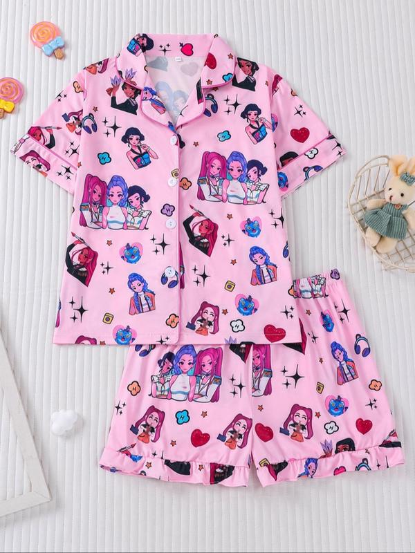 kpop demon hunters Kids Cartoon Sleepwear Set, Cute Butterfly Heart Print, Summer Fitted Pajamas, Thin Home Wear, 2 Piece Set, Fire Resistant, Pastel Cute Pajamas