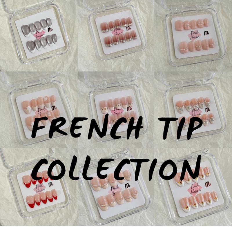 NailHaven｜ French Tip Collection｜ Press-On Nails - 10 Pcs Handmade Acrylic Nails with Cute Designs, Short Nails, and Nail Art, High Quality, Reusable