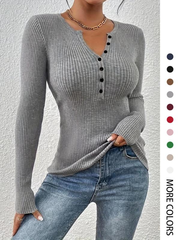 Women's Plain Button Front Ribbed Sweater Tops, 2025 Elegant Chic Slim Fit Long Sleeve Round Neck Jumper Tops for Spring, Fashion Ladies' Knitwear for Daily Wear, Slim Fit Sweater for Women, Sweaters for Women