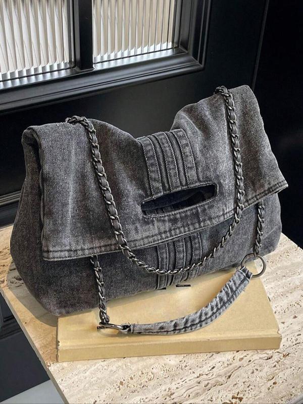 Women's Denim Shoulder Bag, Large Capacity Chic Chain Strap Crossbody Messenger Bag for Daily Use, Casual Trendy Versatile Daily Commuting Bag, Daily Commuter Bag