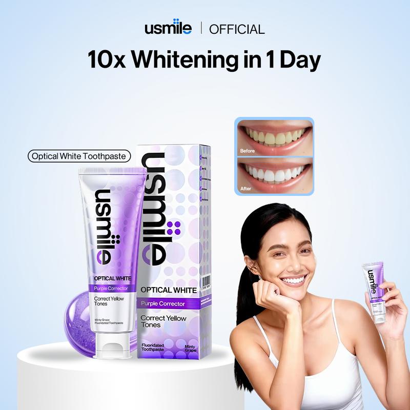 usmile Optical White Toothpaste, Purple Toothpaste, Teeth Whitening Optic White, Color-Corrects Yellow Tones, Removes Stains & Bad Breath, Minty Grape, 100g/tube