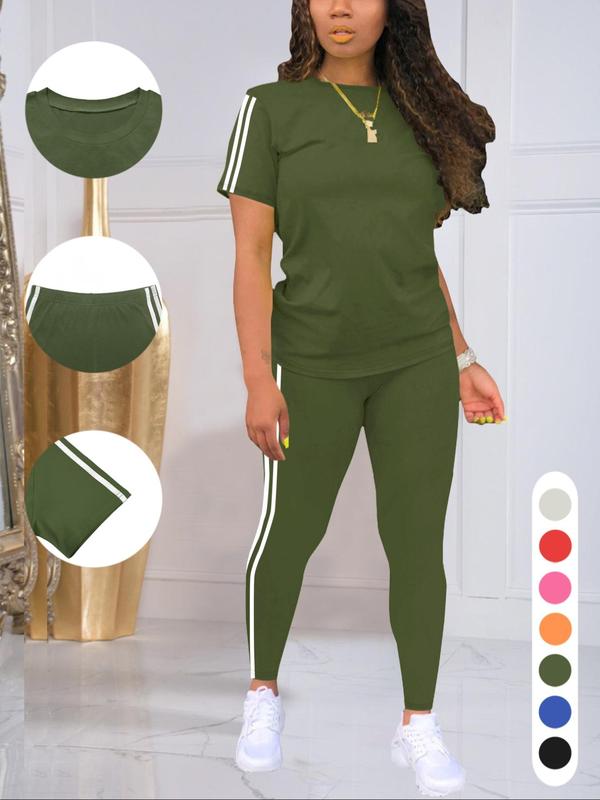 Women's Side Striped Tee & Pants Set, Casual Sporty Fitted Round Neck Short Sleeve T-Shirt & Trousers, Ladies Summer Clothes, Top Outfit Everyday