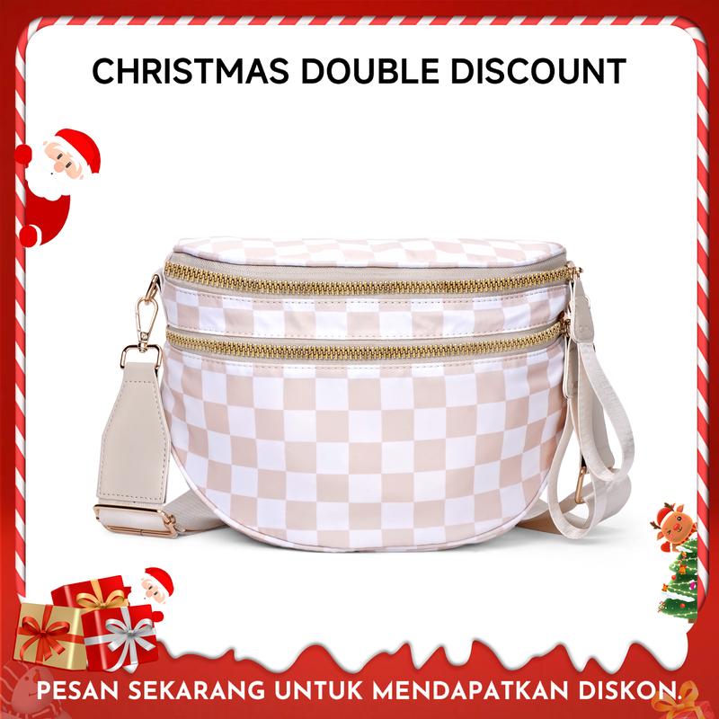 CN6030 Checkered Crossbody Bag Nylon Bum Bags for Women Spacious Handbags Purse Fanny Packs with Shoulder Strap