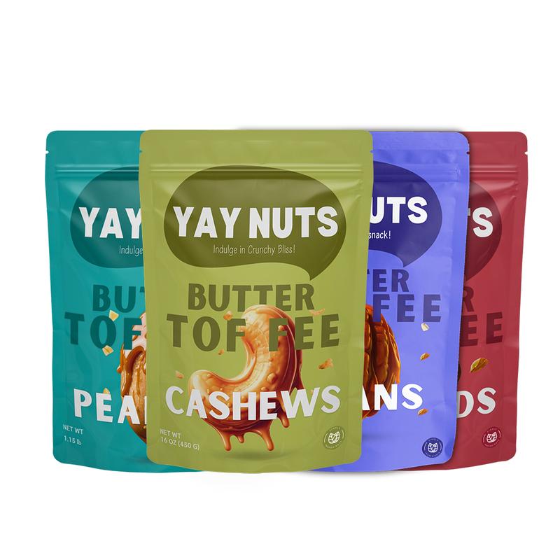 YAY NUTS Butter Toffee Pecans, Cashews, Almonds & Peanuts – Crunchy, All-Natural, No Preservatives, Made in USA – Guilt-Free Snacking with Real Ingredients - 12 oz each (340g)