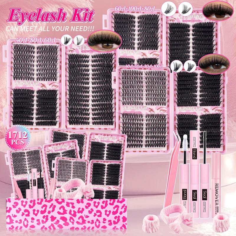 1712PCS Eyelash Cluster Kit, Dense Long Curl Lashes DIY Extension Set, Multiple Lengths, Includes Bond&Seal &Remove&Eyelash Tweezers &Brush, DIY Eyelash Clusters D Curl（SS02）