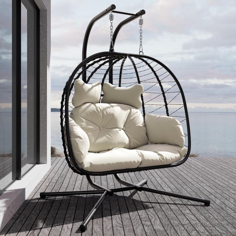 RIWENGO Double Hanging Egg Chair with Cushion, 700lbs Capacity - Foldable Patio Chair with Handwoven PE Wicker & Rust-Proof Frame, for Garden, Porch, Backyard Soft Lounge Swing Summervibes