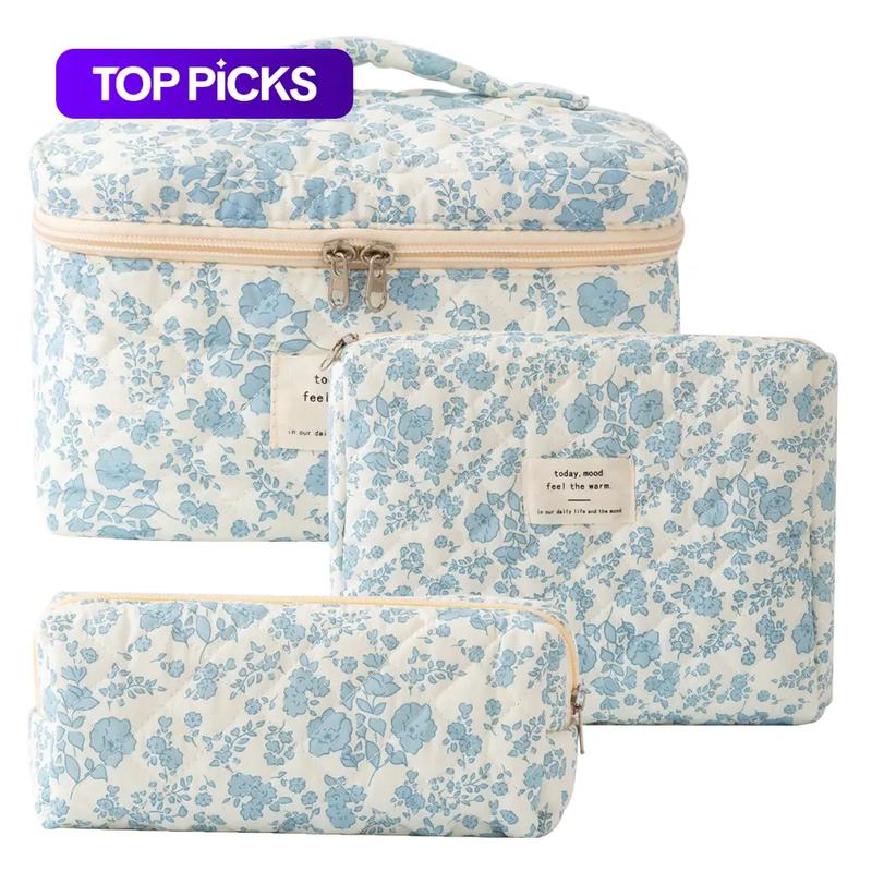 Floral Pattern Quilted Makeup Bag Set, 3 Counts Travel Cosmetic Bags, Portable Zipper Makeup Organizer Pouches, Makeup Storage Bag, for Cosmetics & Skincare, Travel Essentials, Valentine's Day Gift #GLOBAL PICKS