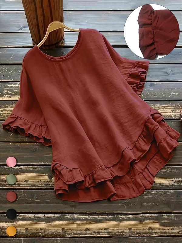 Plus Size Plain Ruffle High Low Hem Blouse, Casual Round Neck Half Sleeve Top for Summer, Women's Plus Size Clothing for Daily Wear
