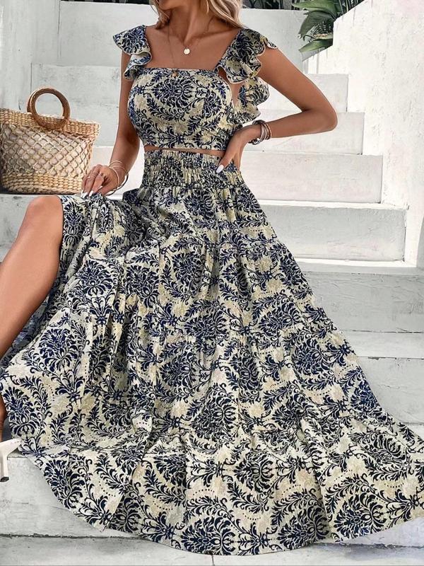 Women's Ethnic Pattern Butterfly-Sleeve Fitted Crop Top & Shirred High Waist A-Line Skirt Set Outfit, Womenswear Summer Boho Bohemian Elegant Square-Neck Top & Ruffle-Hem Long Skirt for Beach Vacations and Holidays Woven Fabric