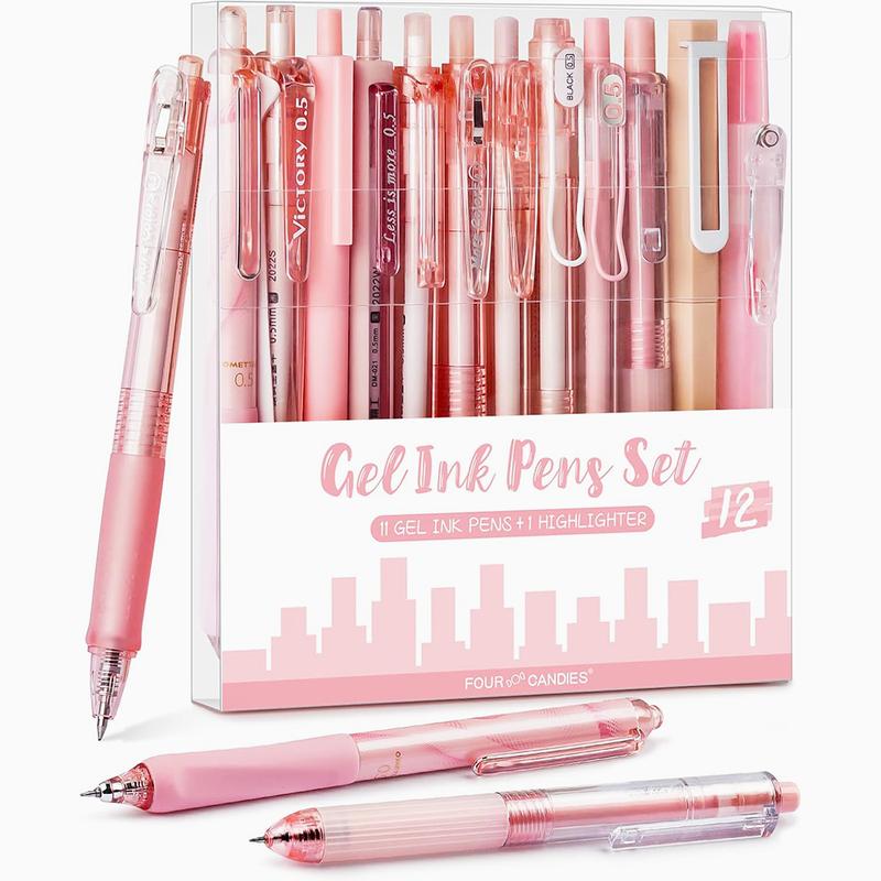 Four Candies 12PCS Pastel Gel Ink Pen Set with Case,Retractable 0.5mm Fine Point 11PCS Black Ink Pens with 1 Highlighter,girly Aesthetic Pen for School Student notebook Taking,Writing,adhd office accessories,Quick Dry magical pen,back to school,summerwins
