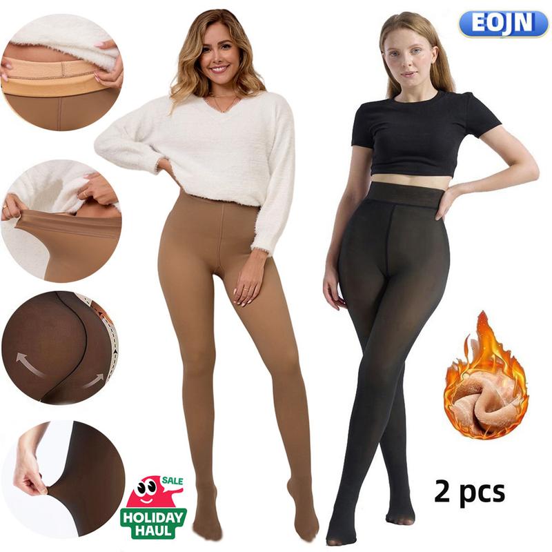 EOJN Womens Fleece lined Tights, Ladies Warm Pantyhose Leggings Thick translucent Stretchy Winter stockings For Women Minimalist Warm-lined Basic Tights Slim,Everyday fashion,2 Pcs