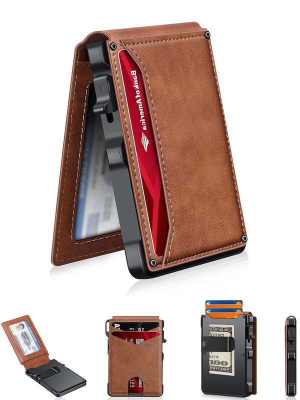 Minimalist Men’s Slim Wallet: 9 - 13 Cards, Money Clip, ID Window. RFID - Blocking, Aluminum Bifold Pop - Up