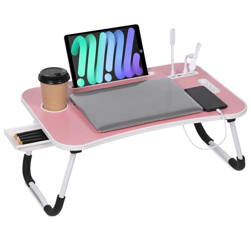 WGCTEK Laptop Bed Desk, Portable Foldable Laptop Table, Computer Desk Tray Table with 4 USB Ports, Storage Drawer and Cup Holder, for Bed/Couch Working, Reading Ergonomic Mesh Desk Mother's Day Gifts