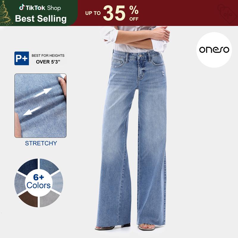 ONESO Women Mid Rise High Stretchy BBL Jeans Butt Lifting Wide Leg Raw Hem Denim Pants Tummy Control Spring Basic Minimalist Woman Denim Bottom Comfortable Denim Jeans OSW8019 Plus Size Regular Size Fashion Daily Outfits #SummerVibes
