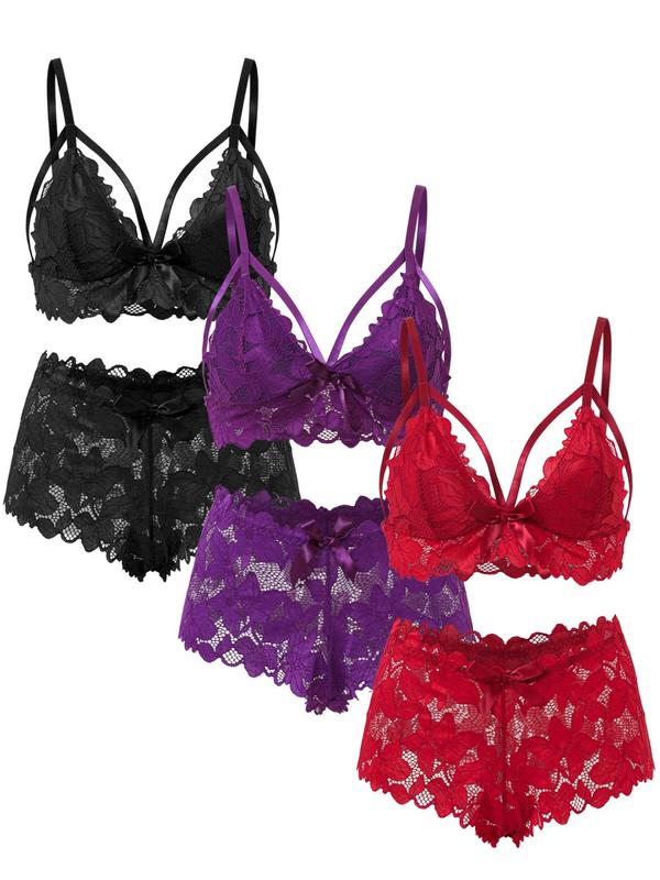 Women's Plus Size Cut Out Push Up Lace Bra & Bow Front Sheer Panty Set, Adjustable Strap Lingerie Set, Soft Comfy Breathable Underwear Set for Women, Womenswear